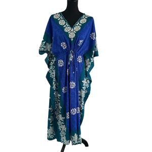 Kaftan Bell Pepper One Size Dress Blue Green Glitter Embellishments Floral Midi